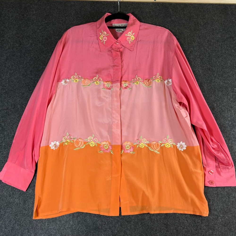 Diane von Furstenberg Vintage Silk Embroidered Colorblock Blouse Pink Orange L